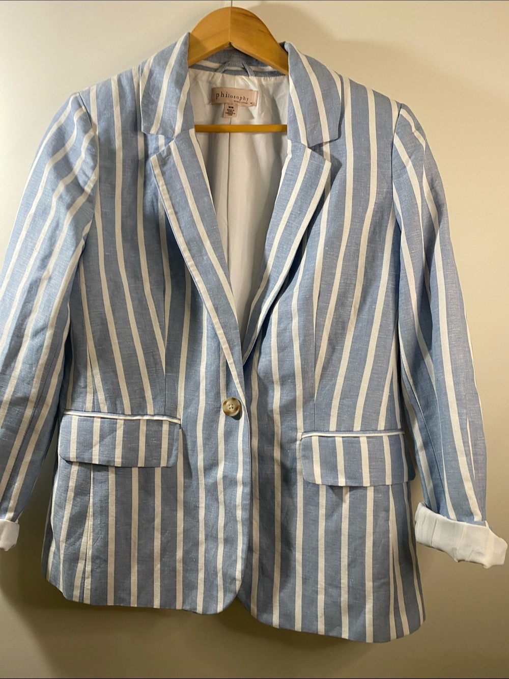 Philosophy Light Blue and White Striped Cotton Blazer